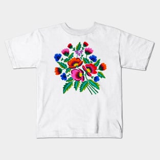 Grandmommy Flowering Bouquet - Poppies Centaurea Violet - Green Leaves - Blossom - Satin Stitch Embroidery - Colorful Wild Flower Kids T-Shirt